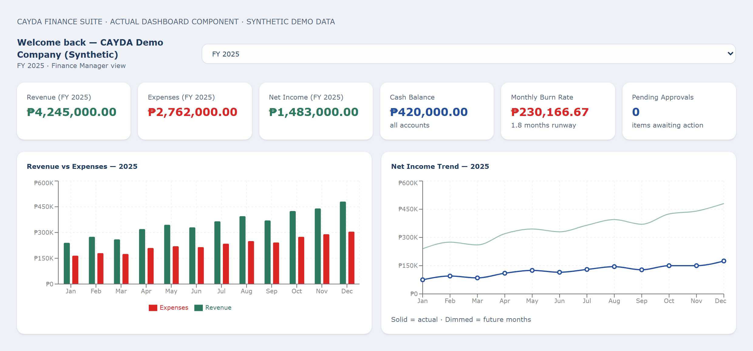 CAYDA dashboard showing Revenue, Expenses and Net Income totals, a Revenue vs Expenses bar chart and a Net Income Trend line graph. All values are synthetic demo data.